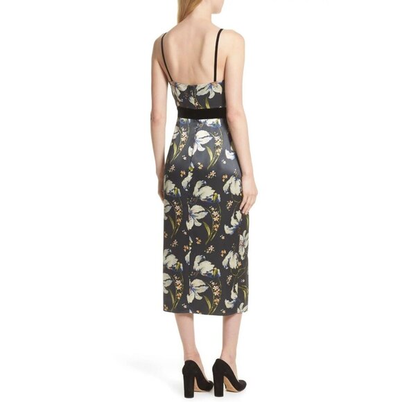 CINQ A SEPT Leena Floral Silk Charmeuse Ruffle Velvet Midi Sheath Dress, Size 2 - Picture 4 of 16